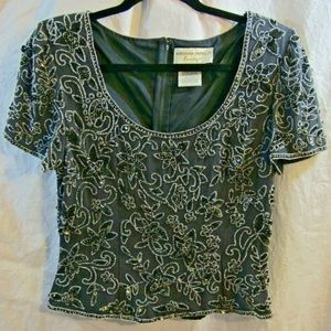 ADRIANNA PAPELL EVENING Gray Sequin Silk Top